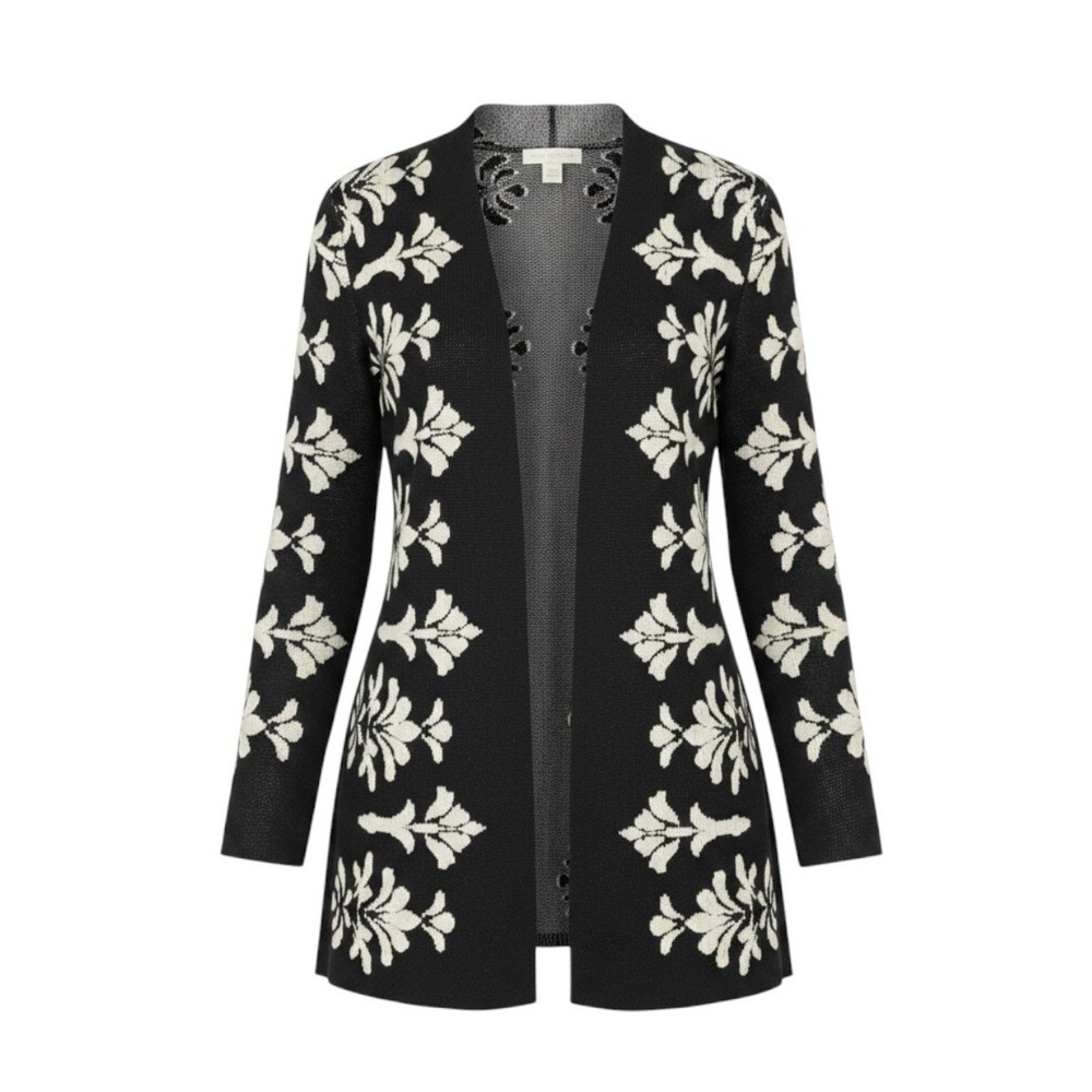 Charter Club Open Cardigan S Black White Damask Intarsia Dark Academia Layering